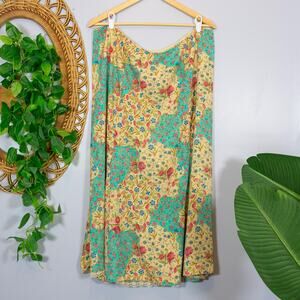 Vtg Patchwork Floral Skirt Yellow Botanical Print Midi Fits like 3X True Spring